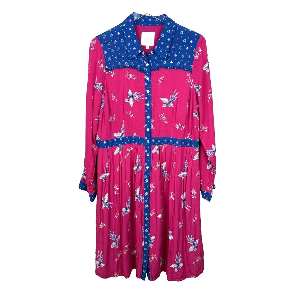 ModCloth Shirt Dress Womens 1X Pink Bird Floral Fit & Flare Boho Pockets Button